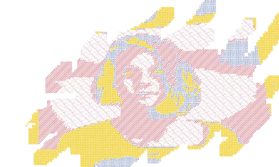 Abstract digital portrait of a woman composed of red, yellow, and blue lines and symbols, representing innovative IT education and digital transformation at SET University.