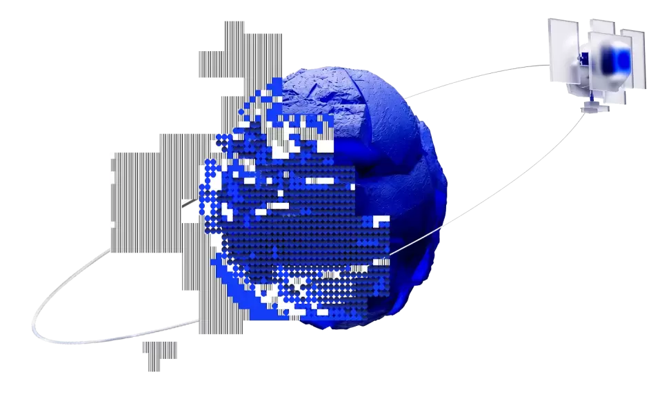 Blue pixelating planet connected to a futuristic screen interface