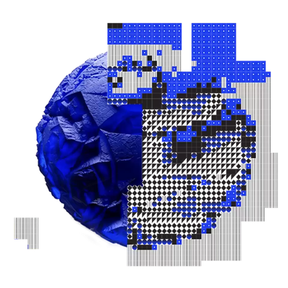 Blue sphere transforming into digital pixels, symbolizing technological progress and AI.