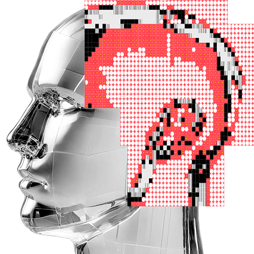 Human head visualization merging a realistic 3D model with pixelated glitch art, symbolizing artificial intelligence and AI leadership.