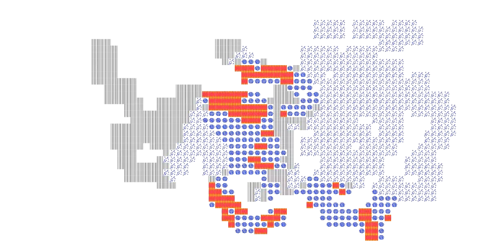 Abstract pixel art resembling a digital map or cosmic landscape, featuring dark blue, orange, red, and white blocks on a black background, symbolizing complex IT systems.