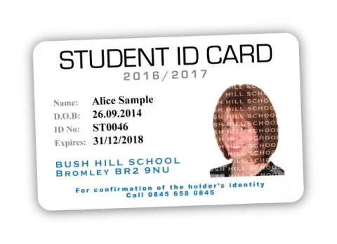 Зразок студентської ID-картки Alice Sample з фотографією, датою народження, ідентифікатором ST0046 та адресою Bush Hill School, Bromley BR2 9NU.
